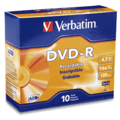 Verbatim AZO DVD-R 4.7GB 16X With Branded Surface - 10pk Slim Case - 2 Hour Maximum Recording Time