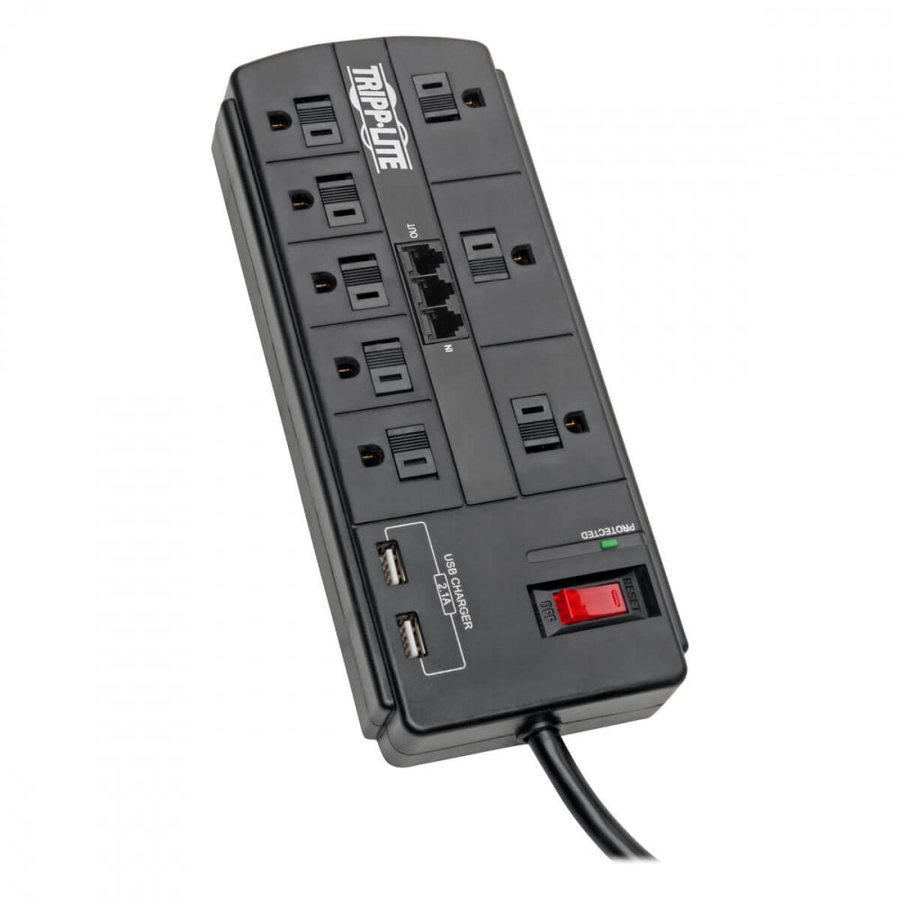 Tripp Lite Protect It! 8-Outlet Surge Protector With 2 USB Ports, 8ft Cord (Telephone/Modem)