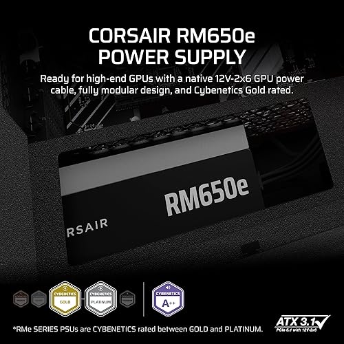 CORSAIR RM650e (2025) Fully Modular Low-Noise ATX Power Supply with 12V-2x6 Cable – ATX 3.1 & PCIe 5.1 Compliant, Cybenetics Gold Efficiency, 105°C-Rated Capacitors, Modern Standby Mode – Black RMe (2025) 650 Watts Black