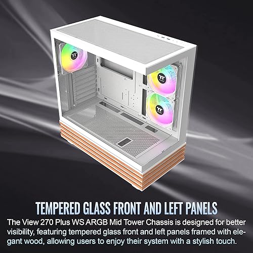 Thermaltake View 270 Plus WS ARGB; Mid Tower; 3x120mm Lite Fans Included; 360mm Radiator Support; 420mm GPU Clearance; Bottom Wood Trim; E-ATX/ATX/mATX/mITX; 220mm PSU Clearance;Snow; CA-1Y7-00M6WN-WS
