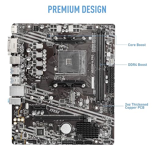 MSI A520M-A PRO Gaming Motherboard (AMD Ryzen 5000, AM4, DDR4, PCIe 3.0, SATA 6Gb/s, M.2, USB 3.2 Gen 1, DVI/HDMI, Micro-ATX)
