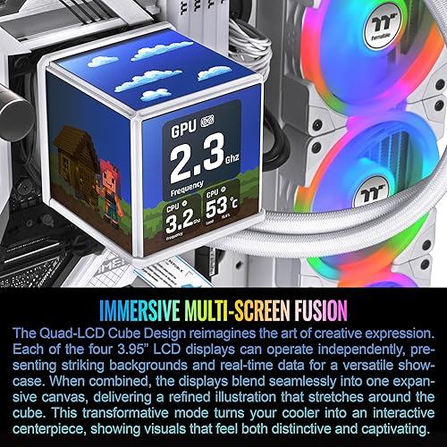 Thermaltake MINECUBE 360 Ultra CPU Liquid Cooler; Intel/AMD Compatible; 3x120mm 500~2000rpm SWAFAN EX ARGB;MAGForce 2.0. 4X 3.95 TFT LCD Screens; Swappable Fan Blades; Snow; CL-W482-PL12SW-A