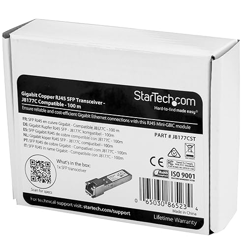 StarTech.com HPE J8177C Compatible SFP Module - 1000BASE-T - SFP to RJ45 Cat6/Cat5e - 1GE Gigabit Ethernet SFP - RJ-45 100m - HPE 1810, 1820, 2530 (J8177CST) Single J8177C