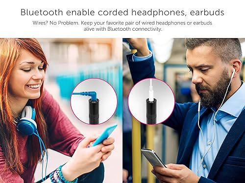 Aluratek (AISM01F) Bluetooth Audio Receiver with Built-In Microphone 3.5MM Aux, Supports Hands-free & Wireless for Streaming Music to Home and Car Audio Stereo Systems, Bluetooth Enable Corded Earbuds