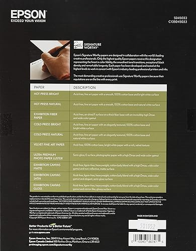 Epson Exhibition Fiber Paper, 13 Mil, 8.5 X 11, White