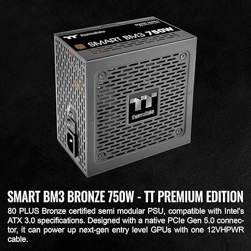 Thermaltake Smart BM3 750W 80Plus Bronze ATX 3.0 & PCIE 5.0 Ready Semi-Modular Power Supply; 105°C/221°F Japanese Capacitor; 5 Year Warranty; PS-SPD-0750MNFABU-3