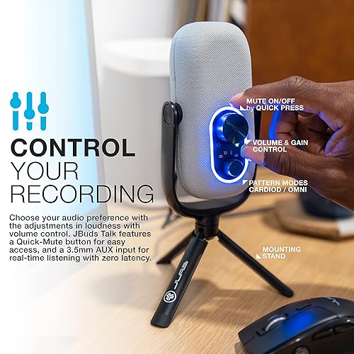 JLab JBuds Talk USB Microphone | White | USB-C Output | Cardioid, Omni, Stereo, and Bi-Directional | 96k Sample Rate | Volume Control, Gain Control, and Quick Mute | 3.5mm AUX | Plug and Play
