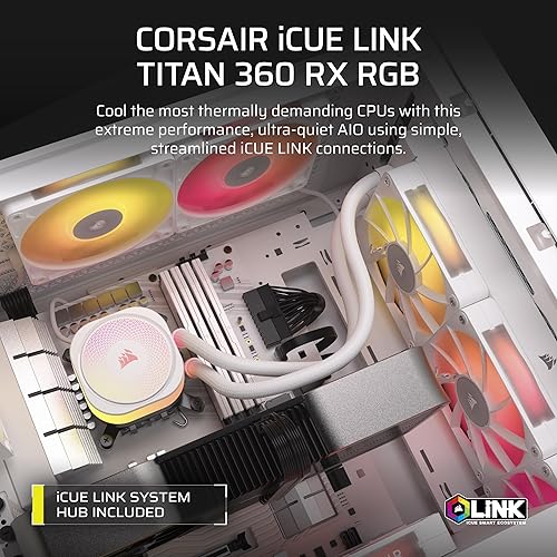 Corsair iCUE Link Titan 360 RX RGB Liquid CPU Cooler – 360mm AIO – 3X RX120 RGB Fans Included – Fits Intel LGA 1851/1700, AMD AM5/AM4 – iCUE Link System Hub Included – White White 360mm AIO