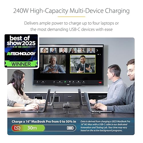 StarTech.com 4-Port Multi-Device USB-C Charger, 240W Total, Single Port 140W EPR, PD 3.1, Screw Locking, Ideal for Boardrooms