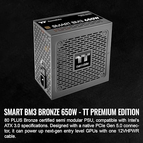 Thermaltake Smart BM3 650W 80Plus Bronze ATX 3.0 & PCIE 5.0 Ready Semi-Modular Power Supply; 105°C/221°F Japanese Capacitor; 5 Year Warranty; PS-SPD-0650MNFABU-3