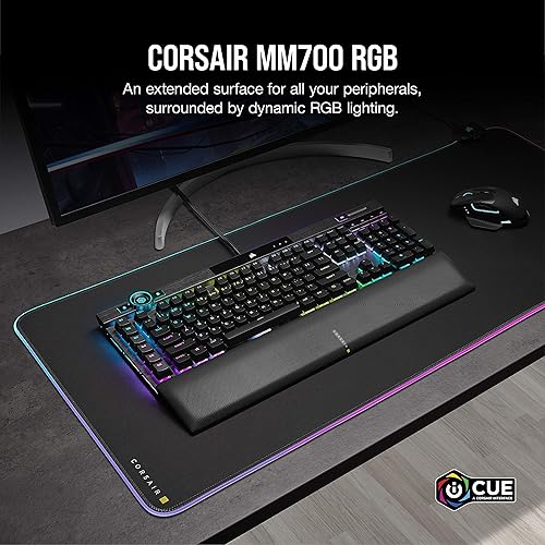 Corsair MM700 RGB Extended Cloth Gaming Mouse Pad (Dynamic 360° Three-Zone RGB Lighting, Expansive 930 mm x 400 mm Surface, Two Port USB Hub, 4 mm-Thick Rubber Construction) Black 15.8L x 36.6W inches