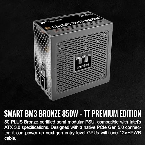 Thermaltake Smart BM3 850W 80Plus Bronze ATX 3.0 & PCIE 5.0 Ready Semi-Modular Power Supply; 105°C/221°F Japanese Capacitor; 5 Year Warranty; PS-SPD-0850MNFABU-3