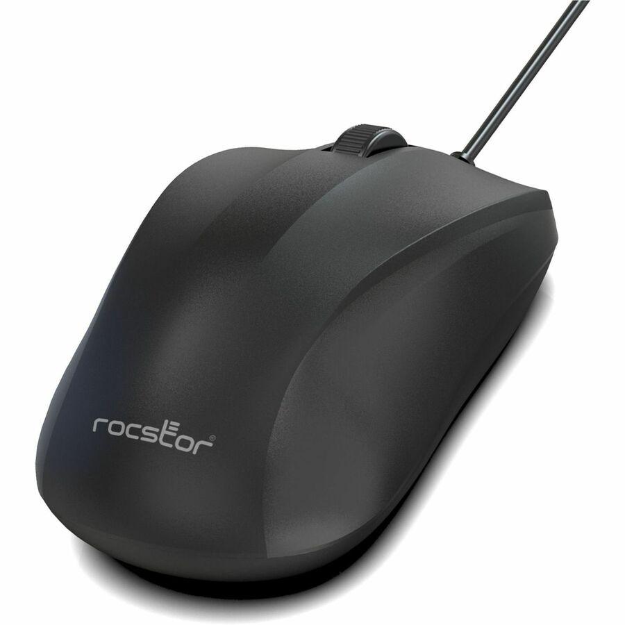 Rocstor Premium QM1 Silent Clicking USB Wired Contoured Mouse - 1200 dpi - Optical - Cable - Black - USB - 1200 dpi - Scroll Wheel - 3 Button(s) - Symmetrical