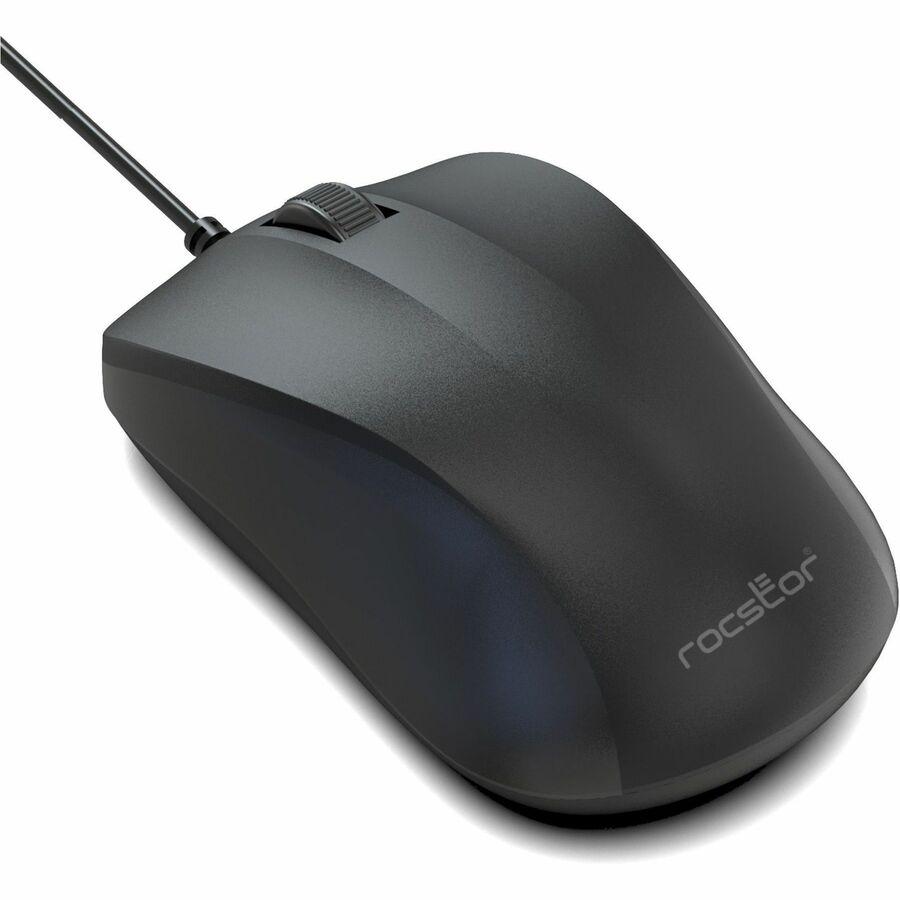 Rocstor Premium QM1 Silent Clicking USB Wired Contoured Mouse - 1200 dpi - Optical - Cable - Black - USB - 1200 dpi - Scroll Wheel - 3 Button(s) - Symmetrical