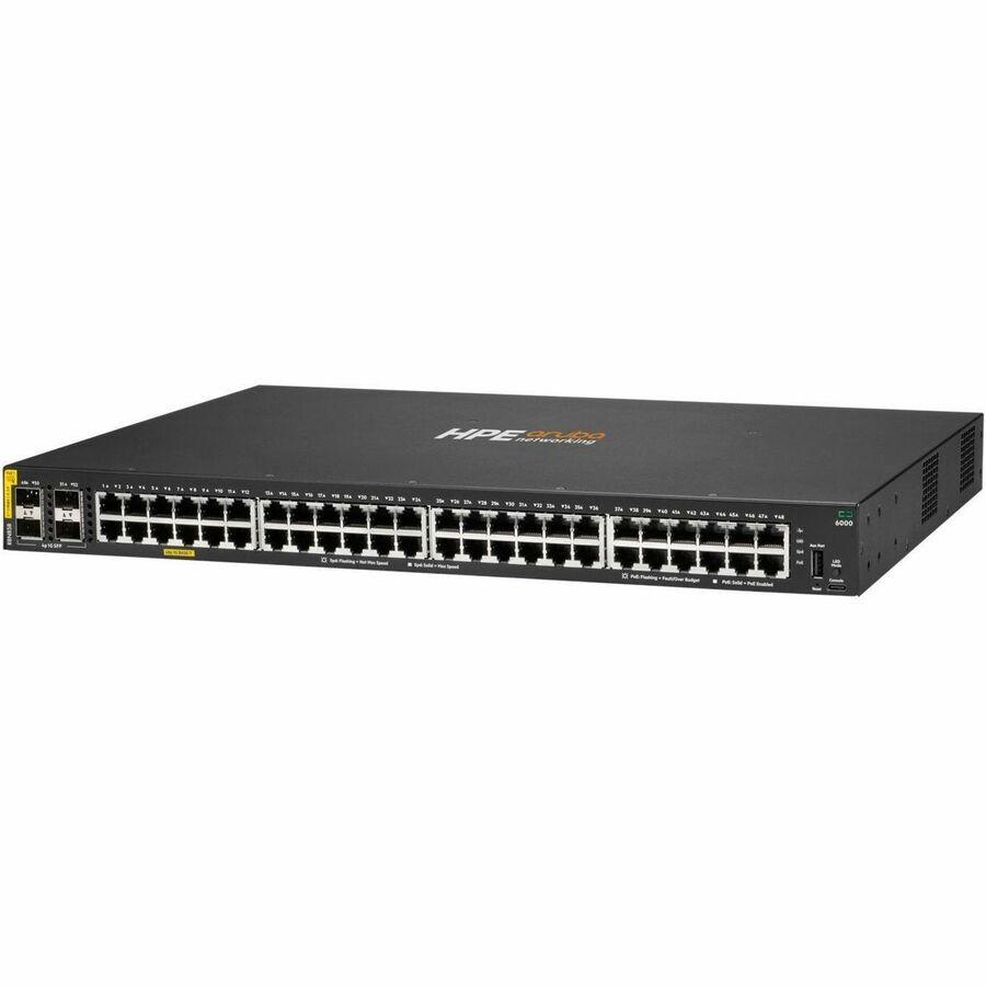 Aruba CX 6000 48p 10M/100M/1G Class4 PoE 4p SFP 1G 370W Switch - 48 Ports - Manageable - Gigabit Ethernet - 10/100/1000Base-T, 1000Base-X - 2 Layer Supported - 4 SFP Slots - 439 W Power Consumption -