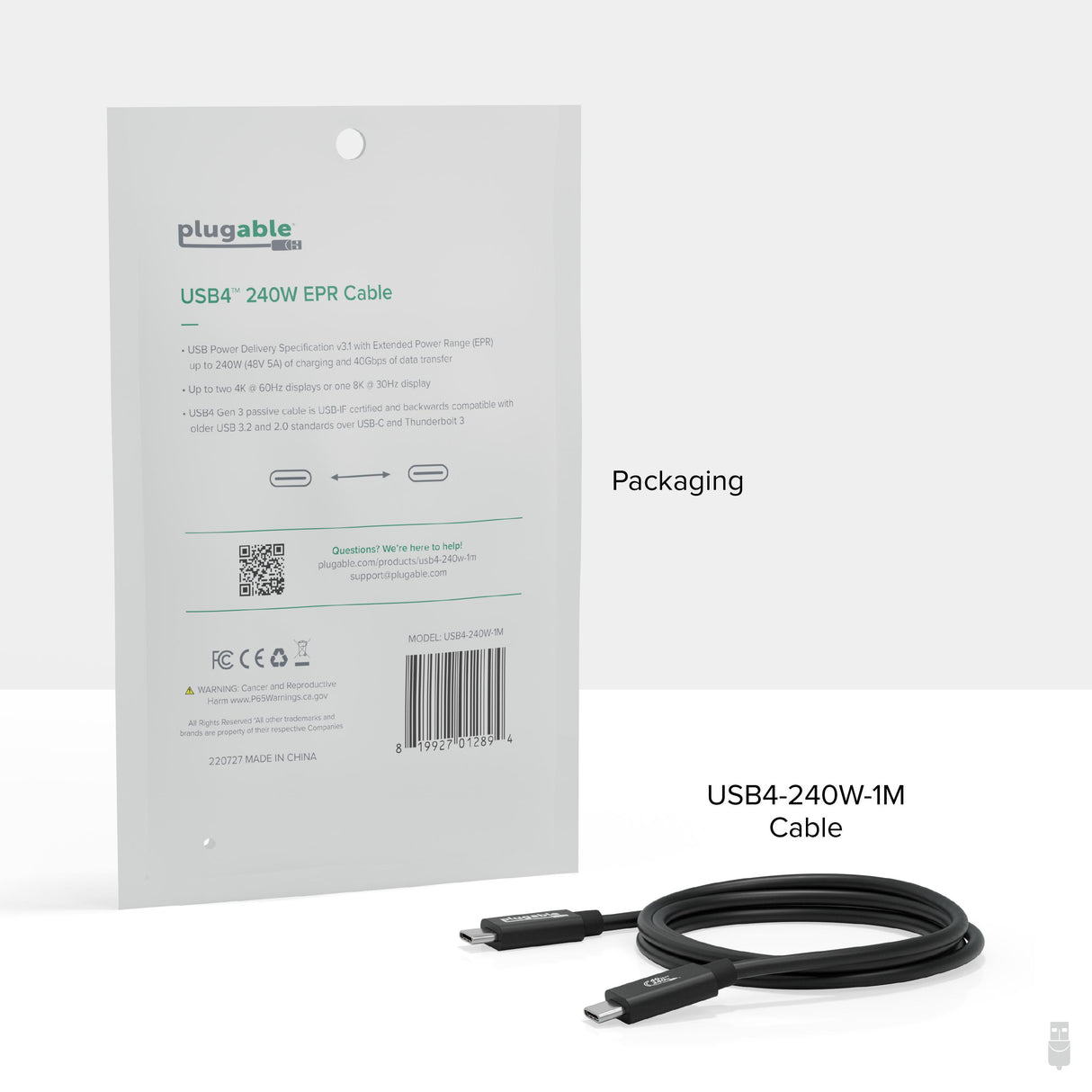 Plugable USB4 Cable with 240W Charging, 3.3 Feet (1M), USB-IF Certified, 1x 8K Display, 40 Gbps, Compatible with USB 4, Thunderbolt 4, Thunderbolt 3, USB-C