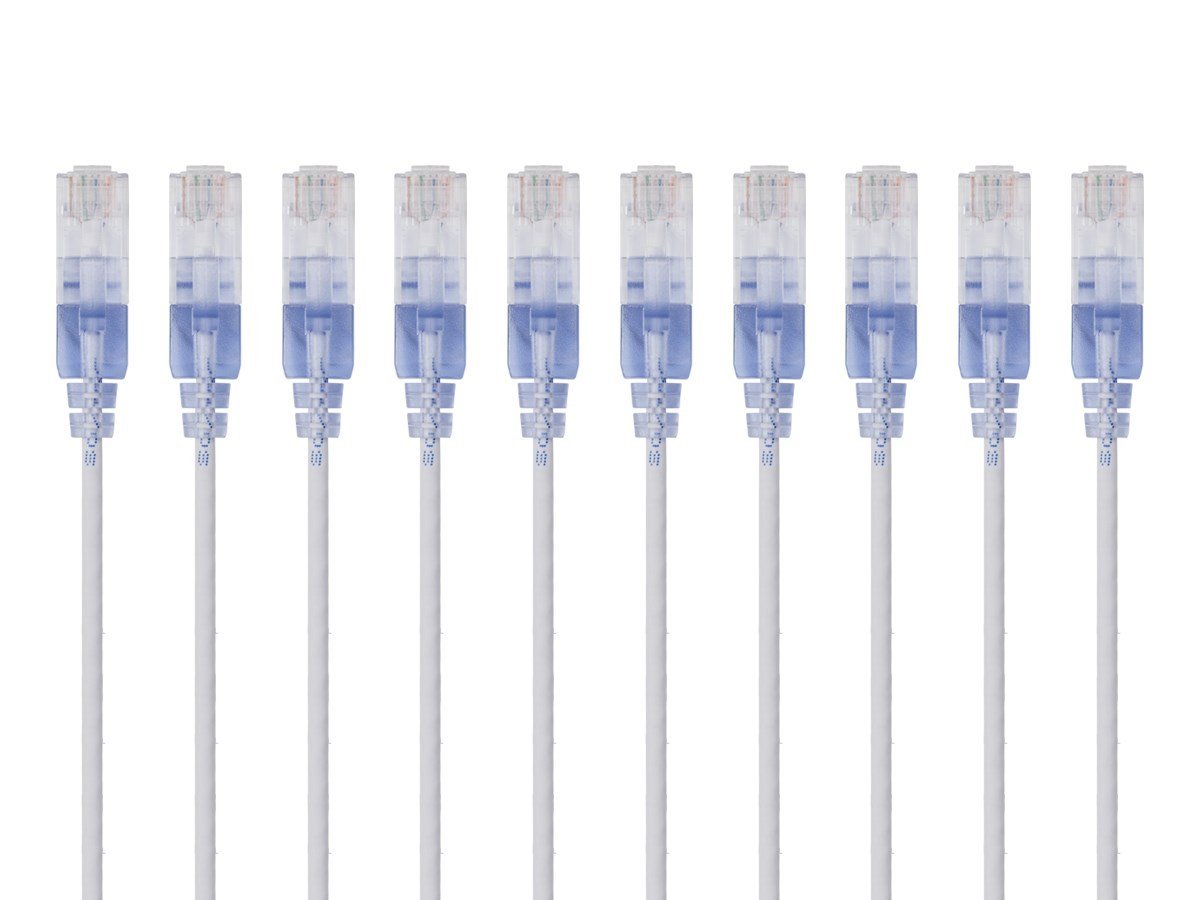 Monoprice SlimRun Cat6A Ethernet Patch Cable - Network Internet Cord - RJ45, 550Mhz, UTP, Pure Bare Copper Wire, 10G, 30AWG, 7ft, White, 10-Pack