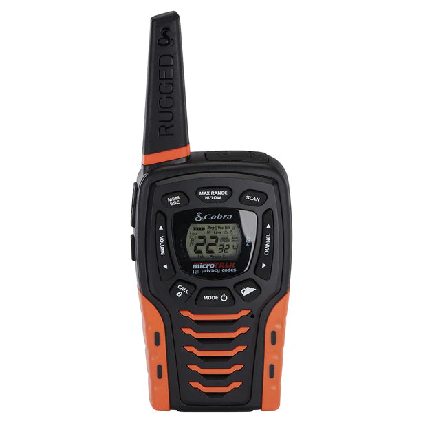 Cobra ACXT645 Waterproof Walkie Talkies for Adults: Rechargeable, 22 Channels, 35-Mile Range, 2 Two-Way Radios, 2 Headsets, Black/Orange 645 Walkie Talkie 2PK