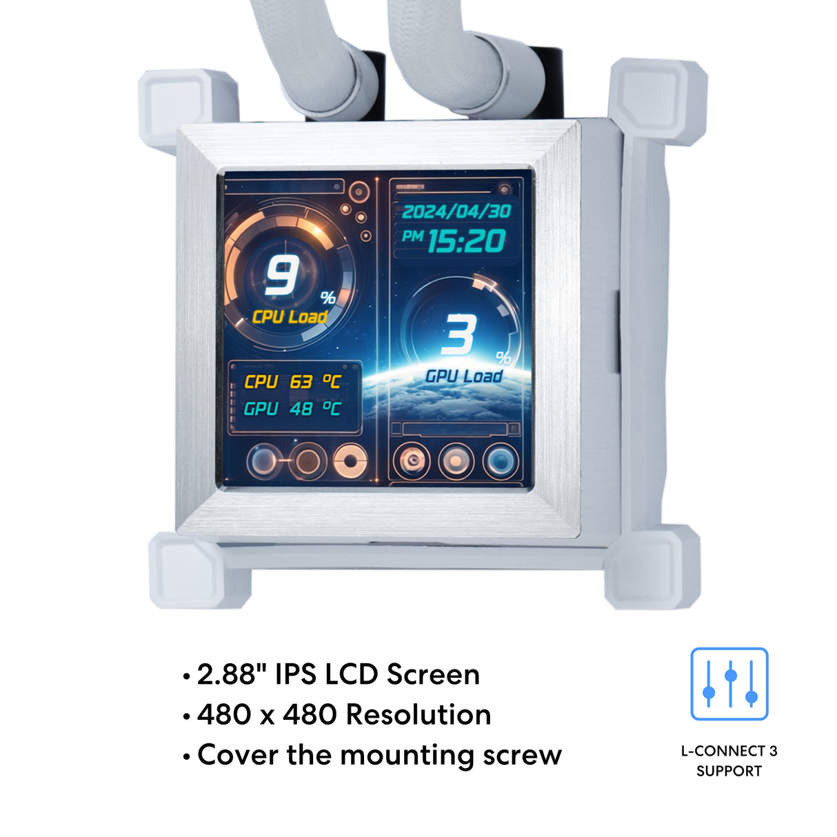 Lian Li Hydroshift 360 AIO - Pre-installed 3 x ARGB fans - Side-Mounted Coolant Pathway - 2.88” LCD Screen - 480 × 480 Resolution - Captured Screenshots or Recorded Videos Shift AIO - White (HSLCD36RW