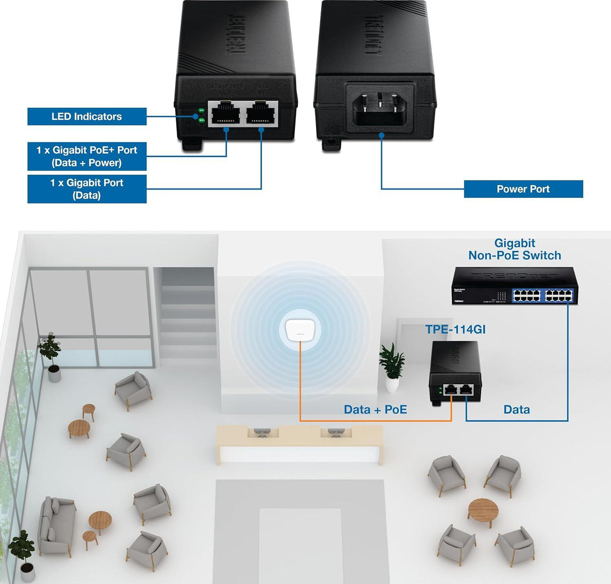 TRENDnet Gigabit PoE+ Injector, TPE-114GI, Supplies PoE (15.4W), PoE+(30W), Network A PoE Device Up to 100m (328 ft), Plug & Play, NDAA & TAA Compliant, Black