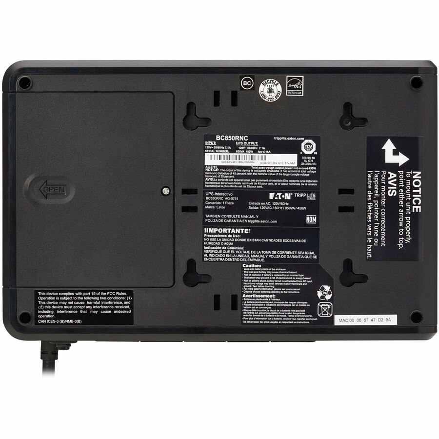 Eaton Tripp Lite Series 850VA 450W 120V Standby Cloud-Connected UPS with Remote Monitoring - 5 NEMA 5-15R Outlets (Surge + Battery Backup), 5-15P Plug, Desktop - Desktop/Surface/Wall Mountable - 8 Hour Recharge