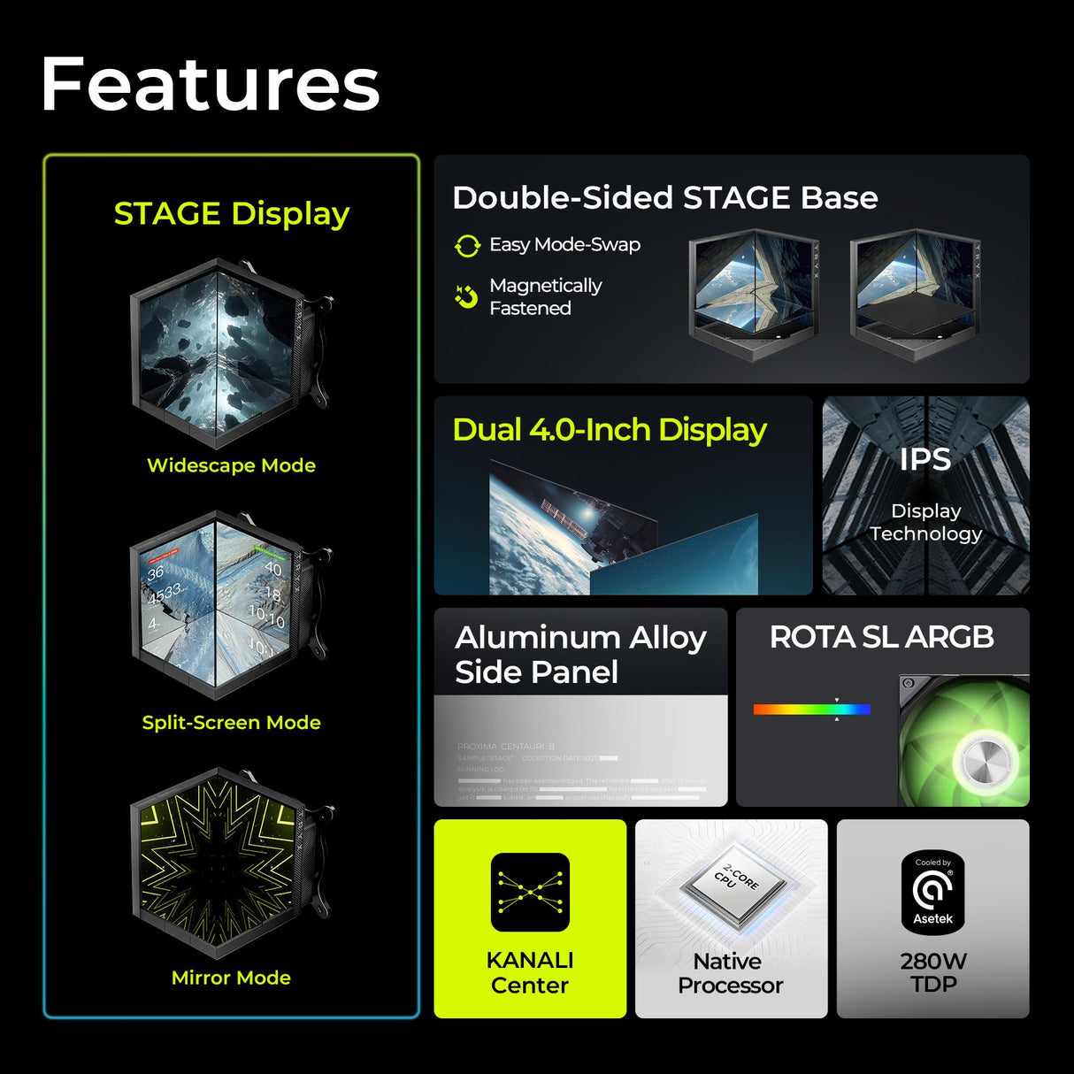 TRYX Stage 360 ARGB 360mm AIO Dual 4.0'' Screen 720x720 Resolution AIO Cooler 360mm Three Display Modes Customizable Asetek 7th Gen V2 280w TDP with ROTA SL ARGB Fans Intel LGA 1851/1700 AMD AM5/AM4