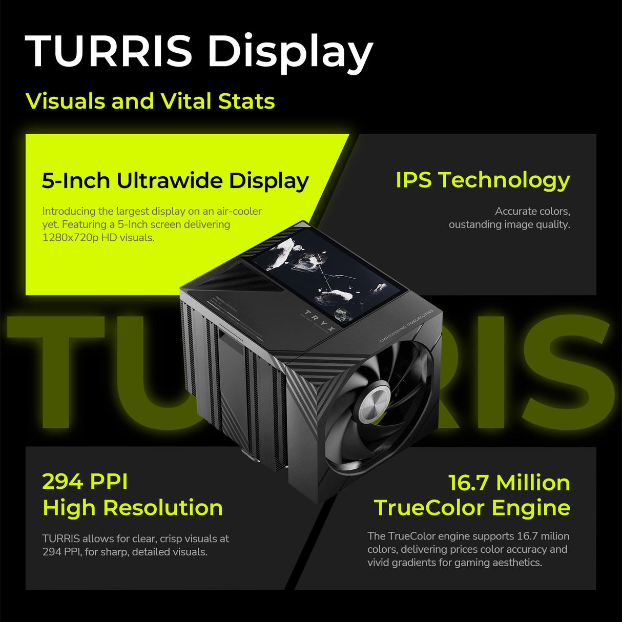 TRYX TURRIS 620 CPU Air Cooler 5.0 IPS Customizable Screen 280w TDP Reflow Soldering Dual Tower CPU Cooler with Display Powered by KANALI Rail-Mounted ROTA Fans for Intel LGA1851/1700 & AMD AM5