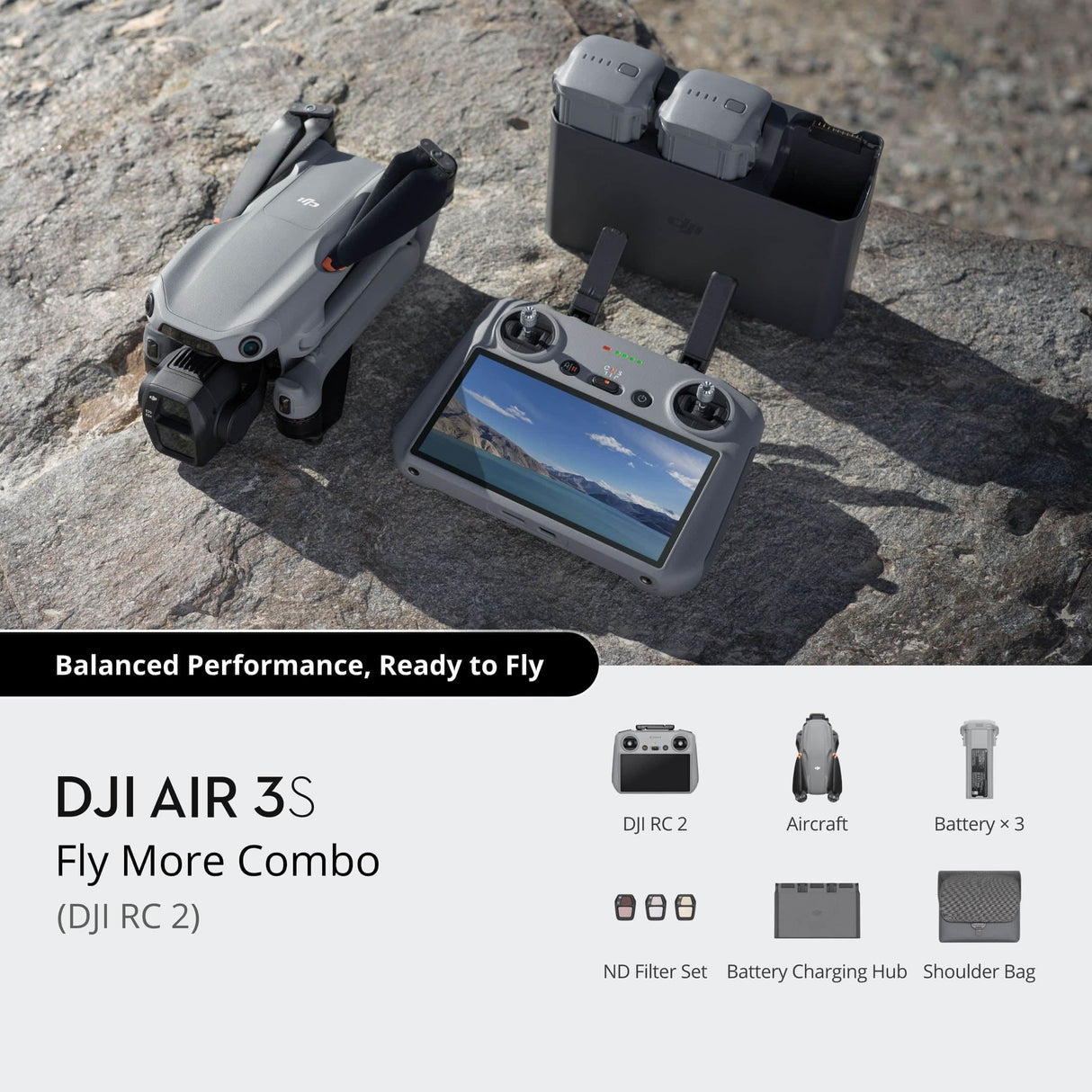 DJI Air 3S Fly More Combo, RC 2 Screen, 1 CMOS, 4K/60fps, Omni Sensors, 2 Cameras, 3 Batteries, Extended Flight
