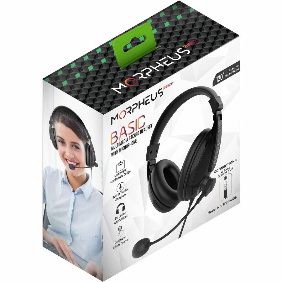 Morpheus 360 Basic Multimedia Stereo Headset - Adjustable Microphone - Lightweight Comfortable Design - Soft Eco Leather Ear Cushions - Over Ear - Black - HS3000S