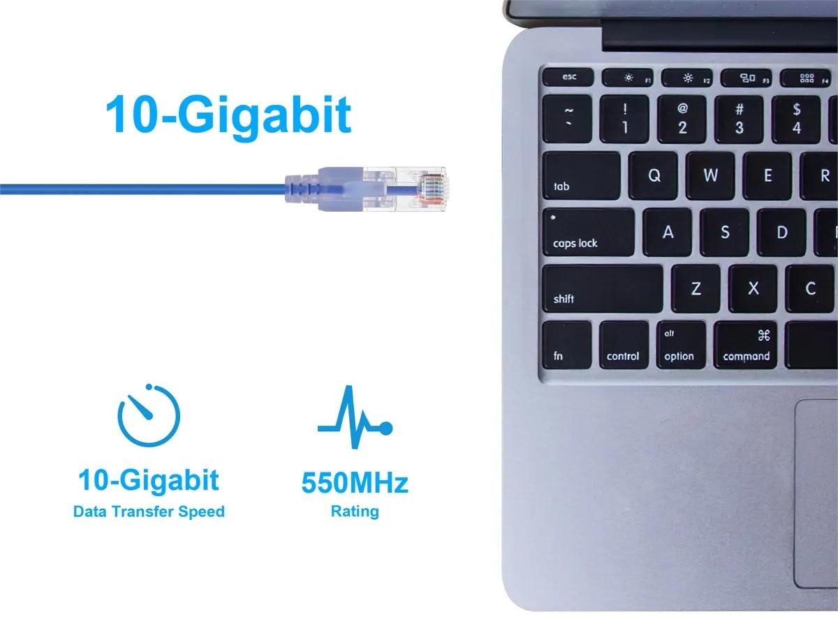 Monoprice SlimRun Cat6A Ethernet Patch Cable - Network Internet Cord - RJ45, Stranded, UTP, Pure Bare Copper Wire, 30AWG, 6in, Blue, 10-Pack