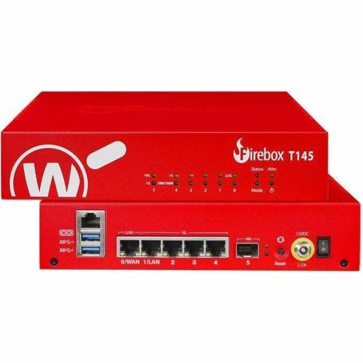 WatchGuard Firebox T145 Network Security/Firewall Appliance - Policy Management - 5 Port - 2.5 Gigabit Ethernet, Gigabit Ethernet - 3.90 Gbit/s Firewall Throughput - TLS - 5 x RJ-45 - 1 Total Expansion Slots