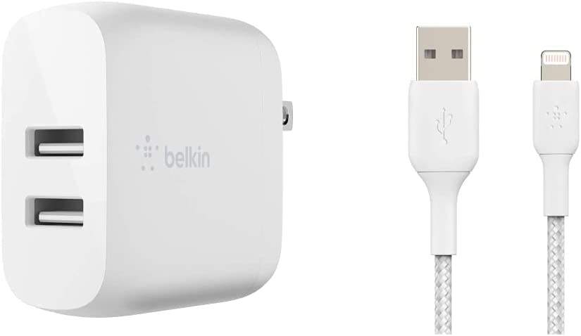 Belkin Dual USB Charger 24W USB-A Charger, White & Braided Lightning Cable (Boost Charge Lightning to USB Cable for iPhone MFi-Certified iPhone Charging Cable, 6.5ft/2m, White (CAA002bt2MWH) Standalone Charger + Lightning Cable