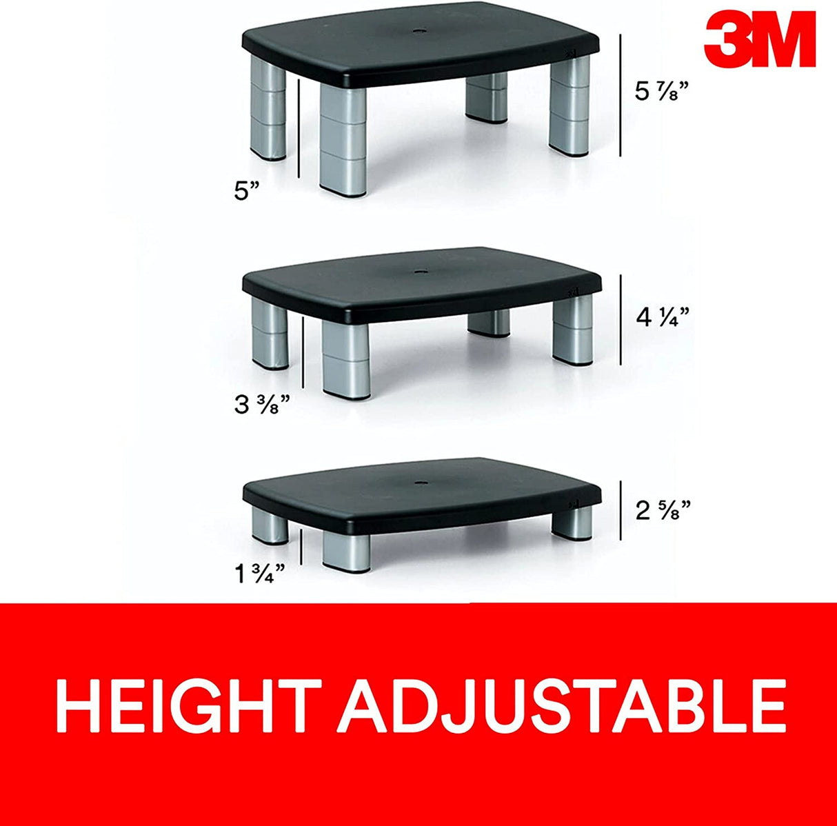 3M Adjustable Monitor Stand Riser, Three Leg Segments Simply Adjust Height, Sturdy Platform Holds Up to 80 lbs for Monitors, Laptops, and Printers, Space for Storage Underneath, Silver/Black (MS80B) - Dealtargets.com