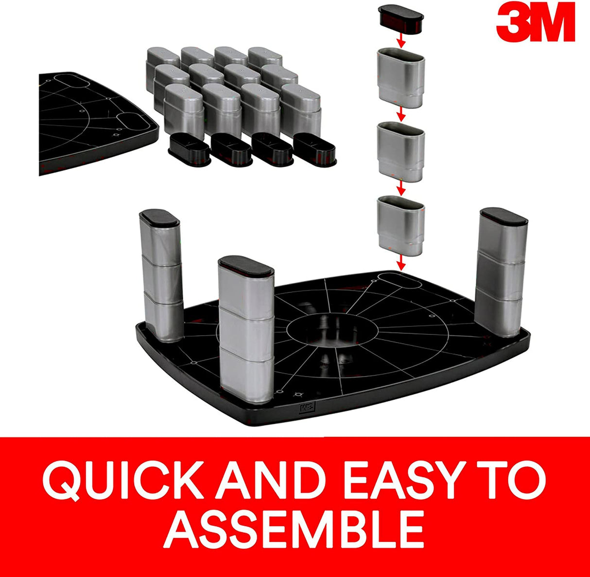 3M Adjustable Monitor Stand Riser, Three Leg Segments Simply Adjust Height, Sturdy Platform Holds Up to 80 lbs for Monitors, Laptops, and Printers, Space for Storage Underneath, Silver/Black (MS80B) - Dealtargets.com