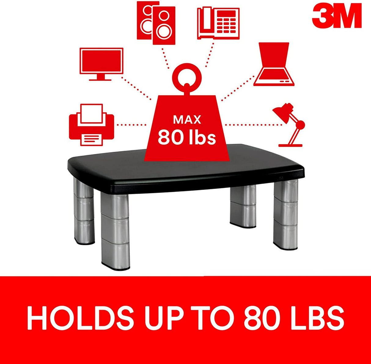3M Adjustable Monitor Stand Riser, Three Leg Segments Simply Adjust Height, Sturdy Platform Holds Up to 80 lbs for Monitors, Laptops, and Printers, Space for Storage Underneath, Silver/Black (MS80B) - Dealtargets.com