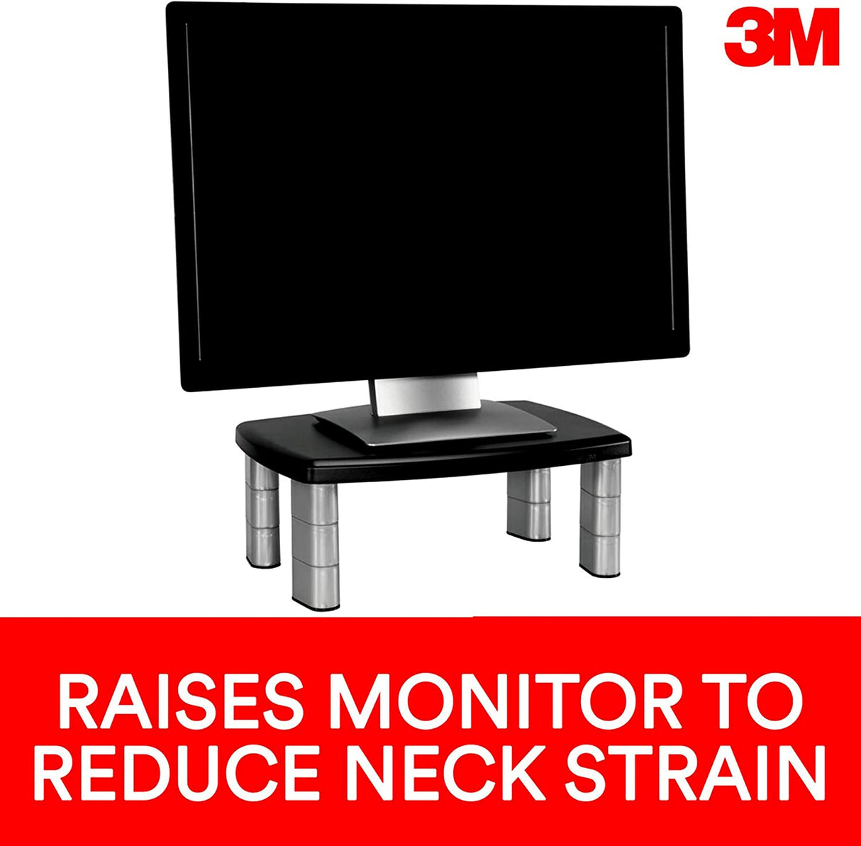 3M Adjustable Monitor Stand Riser, Three Leg Segments Simply Adjust Height, Sturdy Platform Holds Up to 80 lbs for Monitors, Laptops, and Printers, Space for Storage Underneath, Silver/Black (MS80B) - Dealtargets.com