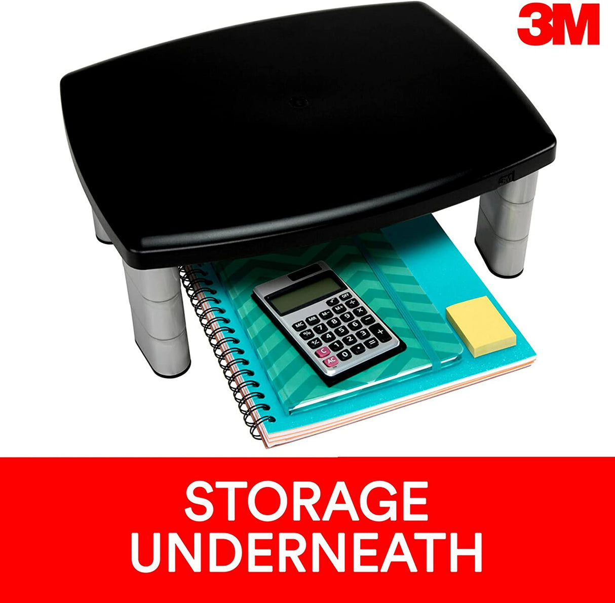 3M Adjustable Monitor Stand Riser, Three Leg Segments Simply Adjust Height, Sturdy Platform Holds Up to 80 lbs for Monitors, Laptops, and Printers, Space for Storage Underneath, Silver/Black (MS80B) - Dealtargets.com