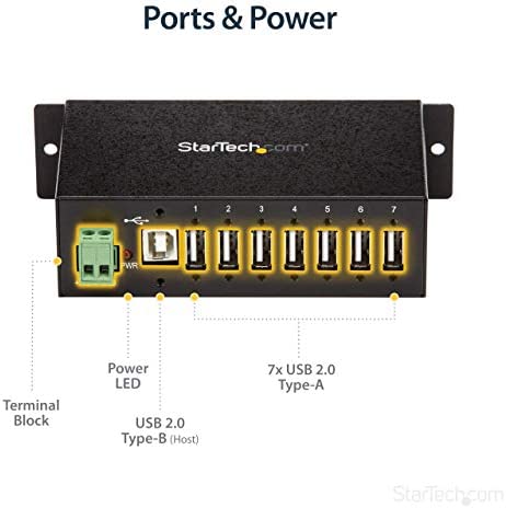 StarTech.com 7-Port USB 2.0 Hub - Metal Industrial USB-A Hub with ESD Protection & 350W Surge Protection - Din Rail, Wall or Desk Mountable - TAA Compliant USB Expander Hub (ST7200USBM) 7 Port USB 2.0