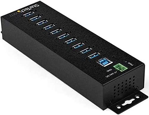 StarTech.com 10-Port USB 3.0 Hub with Power Adapter - Metal Industrial USB-A Hub with ESD & 350W Surge Protection - Din/Wall/Desk Mountable - High Speed USB 3.1 Gen 1 5Gbps Hub (HB30A10AME) 10 port power adapter included Hub