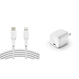 Belkin BoostCharge Nylon Braided USB C to Lightning Cable 3.3ft/1M - MFi Certified 18W Power & BoostCharge USB C 30W GaN Wall Charger - iPhone Charger w/Power Delivery - iPhone Charger White 3.3 ft Braided USB C Cable + 30W Charger
