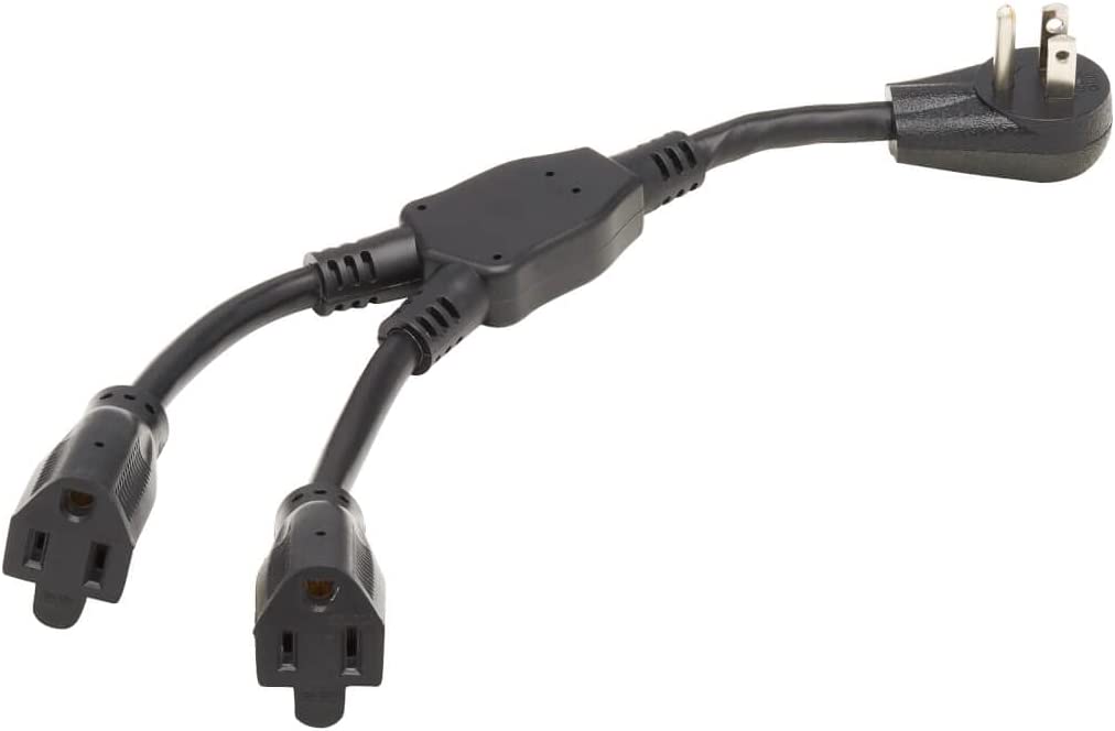 Tripp Lite Power Cable Y-Splitter Right-Angle Extension Cord, Connect Two Devices to One Outlet, Standard 5-15P to 5-15R, 15A 120V, 1 Foot / 0.3M, Life Limited Manufactuer's Warranty (P024-001-15D-2) Right-Angle Plug