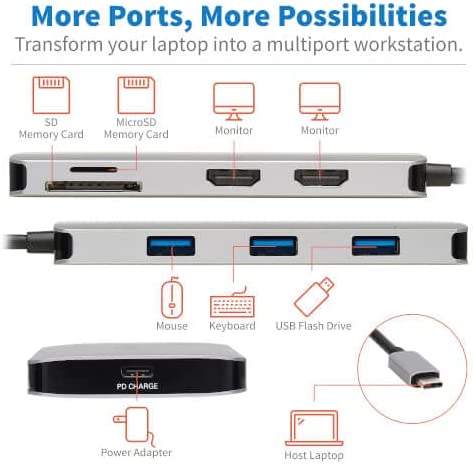 Tripp Lite USB-C Two-Monitor HDMI Laptop/Smart Phone Docking Station, 4K @ 60 Hz (4:4:4), USB-A Hub, SD & MicroSD Memory Card, 100W Power Delivery USB-C Charging, 3-Year Warranty (U442-DOCK8-GG) Two-Monitor HDMI USB Hub