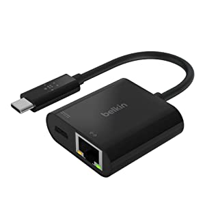 Belkin USB C To Ethernet + Charge Adapter - Gigabit Ethernet Port Compatible with USB C Devices - USB C to Ethernet Cable For MacBook Air, MacBook Pro & Windows - Ethernet to USB C Adapter - Black USB-C to Ethernet + Charging Adapter