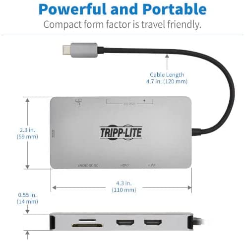 Tripp Lite USB-C Two-Monitor HDMI Laptop/Phone Docking Station, 4K @ 60 Hz (4:4:4), USB-A Hub, Gigabit Network Port, SD & MicroSD Memory Card, 100W USB-C Charging, 3-Year Warranty (U442-DOCK8G-GG) Two-Monitor HDMI Ethernet USB Hub