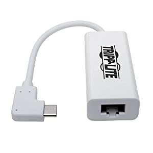 Tripp Lite Right Angle USB C to Ethernet Adapter, Thunderbolt 3 to Ethernet Adapter, Gigabit Ethernet Adapter, USB 3.1 Gen 1, 10/100/1000 Mbps, White (U436-06N-GBW-RA)