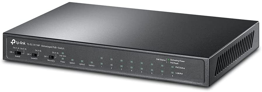 TP-Link TL-SL1311MP | 8 Port 10/100Mbps Fast Ethernet PoE Switch | 8 PoE+ Ports @124W, w/ 2 Uplink Gigabit Ports + 1 SFP Port | Limited Lifetime Protection | PoE Recovery | Extend & Isolation Mode 11 Port w/ 8-Port PoE+