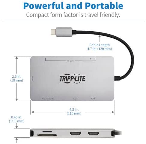 Tripp Lite USB-C Two-Monitor HDMI Laptop/Smart Phone Docking Station, 4K @ 60 Hz (4:4:4), USB-A Hub, SD & MicroSD Memory Card, 100W Power Delivery USB-C Charging, 3-Year Warranty (U442-DOCK8-GG) Two-Monitor HDMI USB Hub