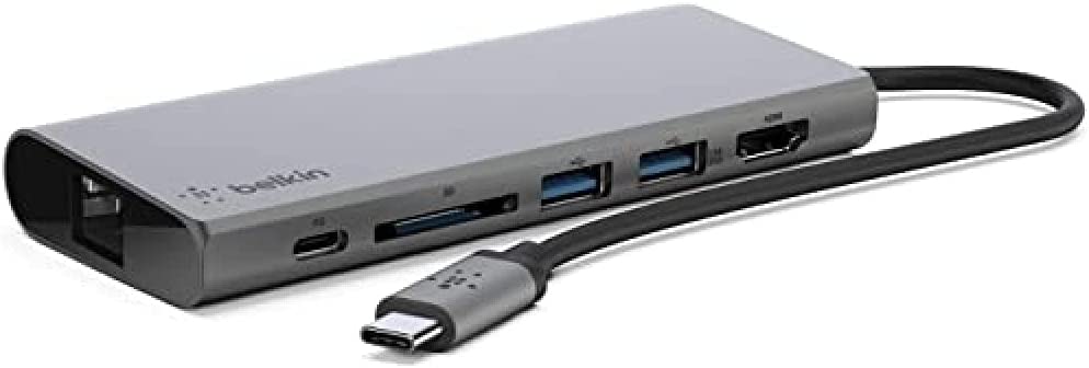 Belkin USB C Hub Multiport Adapter, USB C, 2 USB A, 4K HDMI, 1 Gigabite Ethernet, 1 SD Card, Pass through charging up to 60W with Tethered USB-C Cable, Dock for MacBook Pro, Macbook Air, PC, Windows USB-C Hub Adapter