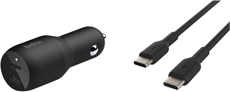 Belkin USB-C PD Car Charger 36W (Dual 18W USB-C Power Delivery Car Charger & USB-C to USB-C Cable, USB Type-C Cable (3.3ft/1m, Black Dual USB-C Charger + Cable, 3.3ft/1m