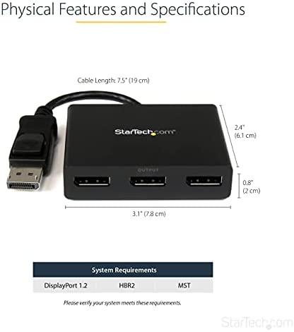 StarTech.com 3-Port Multi Monitor Adapter - DisplayPort 1.2 MST Hub - Dual 4K 30Hz & 1x 1080p - Video Splitter for Extended Desktop Mode on Windows PCs Only - DP to 3x DP Monitors (MSTDP123DP) DisplayPort 1.2 to 3x DisplayPort